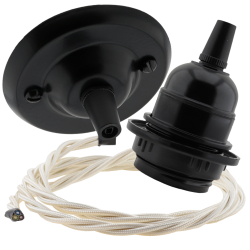Matt Black Ceiling Pendant Kit and E27 Bakelite Lampholder with Classic Ivory Flex