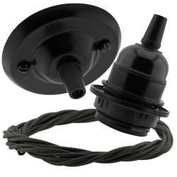 Matt Black Ceiling Pendant Kit and E27 Bakelite Lampholder with Khaki Green Flex