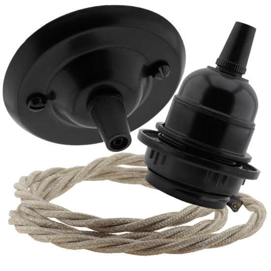 Matt Black Ceiling Pendant Kit and E27 Bakelite Lampholder with Linen Flex Matt Black Ceiling Pendant Kit and E27 Bakelite Lampholder with Linen Flex