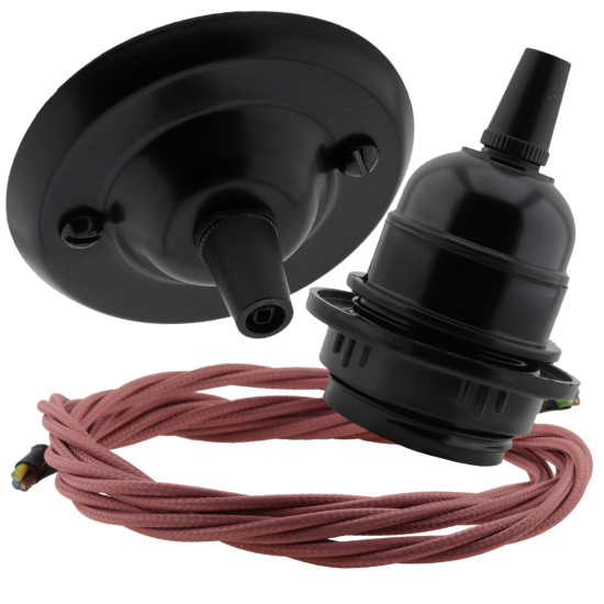 Matte Black Ceiling Pendant Kit and E27 Bakelite Lampholder with Dusky Pink Flex Matte Black Ceiling Pendant Kit and E27 Bakelite Lampholder with Dusky Pink Flex