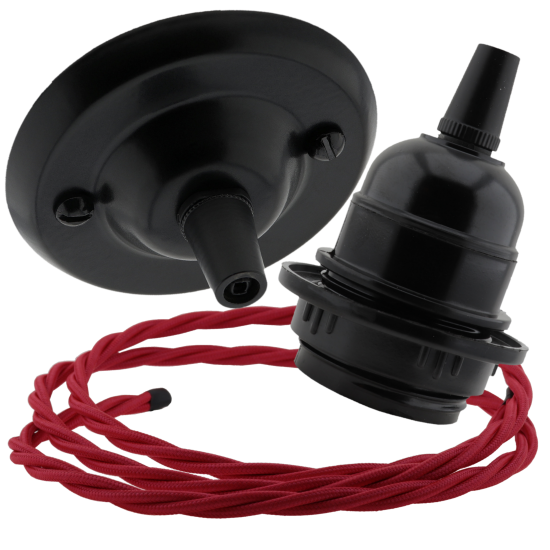 Matte Black Ceiling Pendant Kit and E27 Bakelite Lampholder with Bright Red Flex Matte Black Ceiling Pendant Kit and E27 Bakelite Lampholder with Bright Red Flex