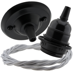 Matt Black Ceiling Pendant Kit and E27 Bakelite Lampholder with Silver Flex