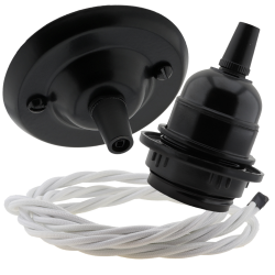 Matt Black Ceiling Pendant Kit and E27 Bakelite Lampholder with White Flex