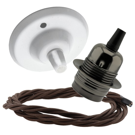 Ceiling Pendant Kit with White Rose and E27 Bronze Lampholder with Brown Flex