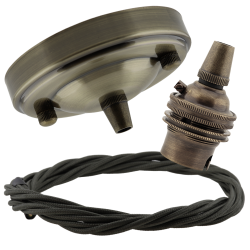 Large Antique Brass Ceiling Pendant Kit and B22 Lampholder with Khaki Green Flex