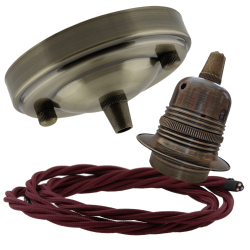 Large Antique Brass Ceiling Pendant Kit and E27 Lampholder with Rich Burgundy Flex