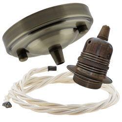 Large Antique Brass Ceiling Pendant Kit and E27 Lampholder with Classic Ivory Flex