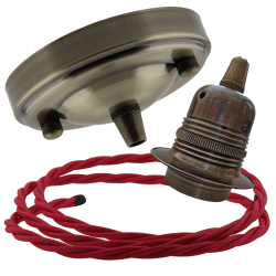 Large Antique Brass Ceiling Pendant Kit and E27 Lampholder with Bright Red Flex Large Antique Brass Ceiling Pendant Kit and E27 Lampholder with Bright Red Flex
