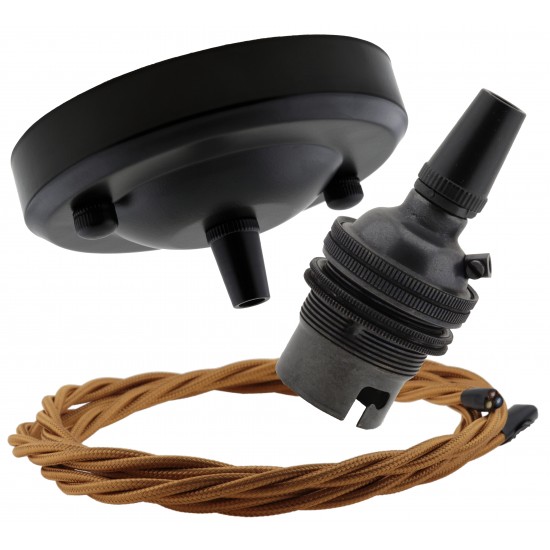 Large Matt Black Ceiling Pendant Kit and B22 Bronze Lampholder with Antique Gold Flex Large Matt Black Ceiling Pendant Kit and B22 Bronze Lampholder with Antique Gold Flex