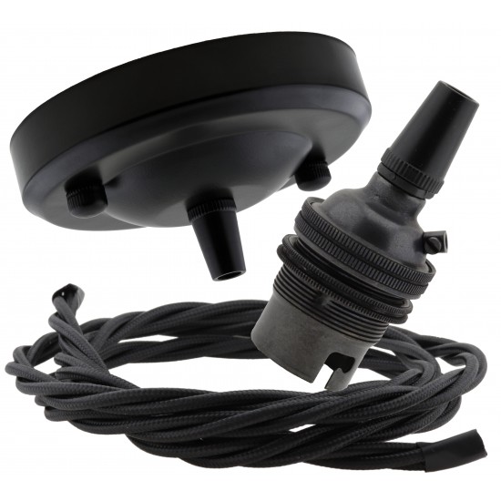 Ceiling Pendant Kit with Large Matte Black Rose and B22 Bronze Lampholder with Black Flex Ceiling Pendant Kit with Large Matte Black Rose and B22 Bronze Lampholder with Black Flex