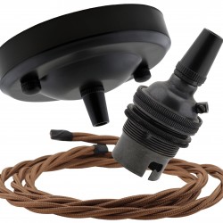 Ceiling Pendant Kit with Large Rose and B22 Lampholder in Matte Black Finish with Bronze Flex