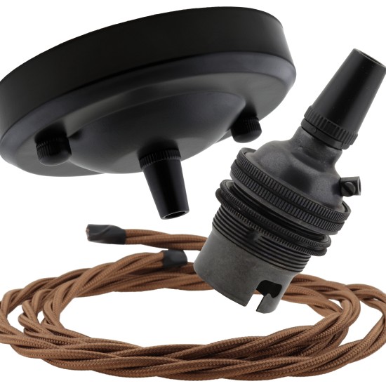 Ceiling Pendant Kit with Large Rose and B22 Lampholder in Matte Black Finish with Bronze Flex