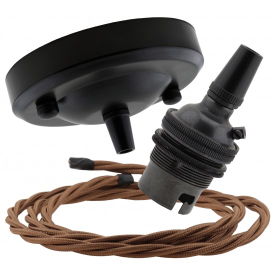 Ceiling Pendant Kit with Large Rose and B22 Lampholder in Matte Black Finish with Bronze Flex Ceiling Pendant Kit with Large Rose and B22 Lampholder in Matte Black Finish with Bronze Flex