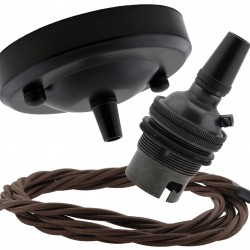 Ceiling Pendant Kit with Large Rose and B22 Lampholder in Matte Black Finish with Mocha Brown Flex
