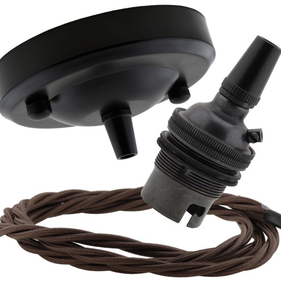 Ceiling Pendant Kit with Large Rose and B22 Lampholder in Matte Black Finish with Mocha Brown Flex