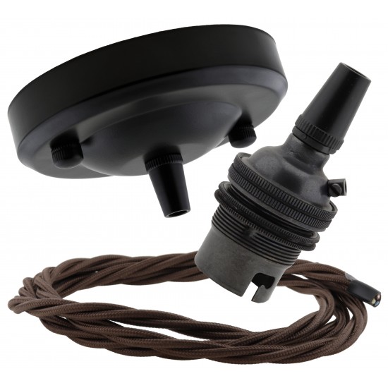 Ceiling Pendant Kit with Large Rose and B22 Lampholder in Matte Black Finish with Mocha Brown Flex Ceiling Pendant Kit with Large Rose and B22 Lampholder in Matte Black Finish with Mocha Brown Flex