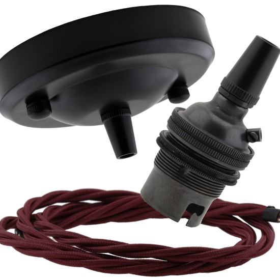 Ceiling Pendant Kit with Large Rose and B22 Lampholder in Matte Black Finish with Rich Burgundy Flex
