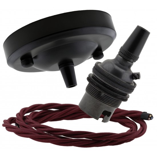Ceiling Pendant Kit with Large Rose and B22 Lampholder in Matte Black Finish with Rich Burgundy Flex Ceiling Pendant Kit with Large Rose and B22 Lampholder in Matte Black Finish with Rich Burgundy Flex
