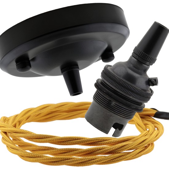 Ceiling Pendant Kit with Large Rose and B22 Lampholder in Matte Black Finish with Gold Flex