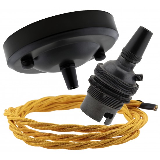 Ceiling Pendant Kit with Large Rose and B22 Lampholder in Matte Black Finish with Gold Flex