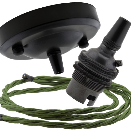 Ceiling Pendant Kit with Large Rose and B22 Lampholder in Matte Black Finish with Green Flex