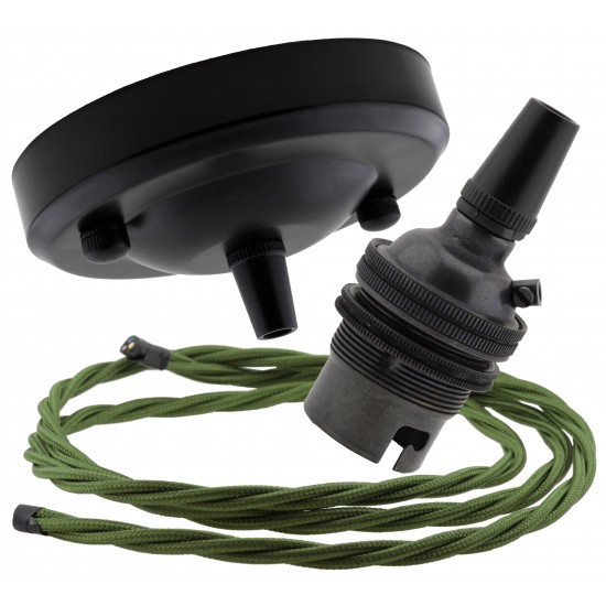 Ceiling Pendant Kit with Large Rose and B22 Lampholder in Matte Black Finish with Green Flex Ceiling Pendant Kit with Large Rose and B22 Lampholder in Matte Black Finish with Green Flex