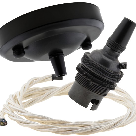 Ceiling Pendant Kit with Large Rose and B22 Lampholder in Matte Black Finish with Classic Ivory Flex