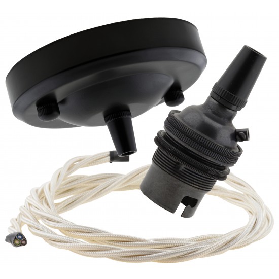 Ceiling Pendant Kit with Large Rose and B22 Lampholder in Matte Black Finish with Classic Ivory Flex
