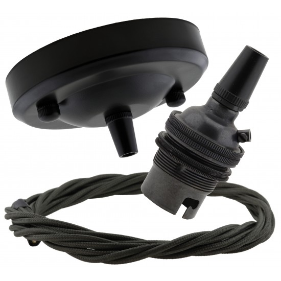 Ceiling Pendant Kit with Large Rose and B22 Lampholder in Matte Black Finish with Khaki Green Flex Ceiling Pendant Kit with Large Rose and B22 Lampholder in Matte Black Finish with Khaki Green Flex