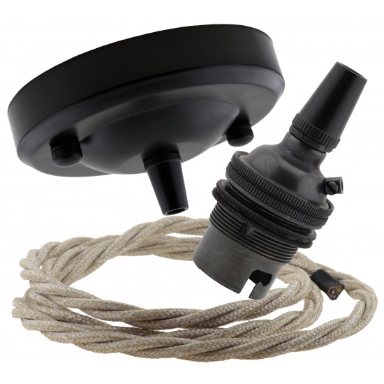 Ceiling Pendant Kit with Large Rose and B22 Lampholder in Matte Black Finish with Linen Effect Flex Ceiling Pendant Kit with Large Rose and B22 Lampholder in Matte Black Finish with Linen Effect Flex