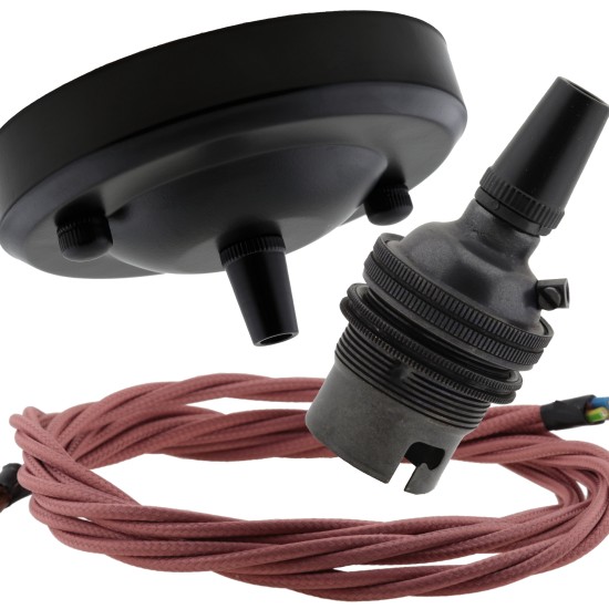 Ceiling Pendant Kit with Large Rose and B22 Lampholder in Matte Black Finish with Dusky Pink Flex