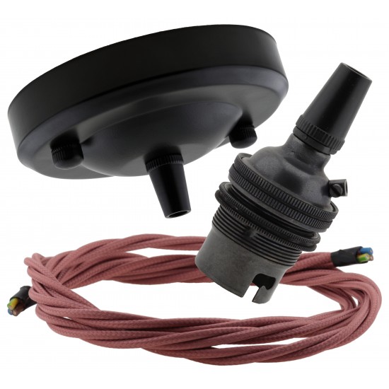 Ceiling Pendant Kit with Large Rose and B22 Lampholder in Matte Black Finish with Dusky Pink Flex Ceiling Pendant Kit with Large Rose and B22 Lampholder in Matte Black Finish with Dusky Pink Flex