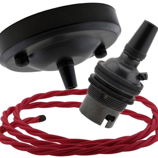 Ceiling Pendant Kit with Large Rose and B22 Lampholder in Matte Black Finish with Bright Red Flex