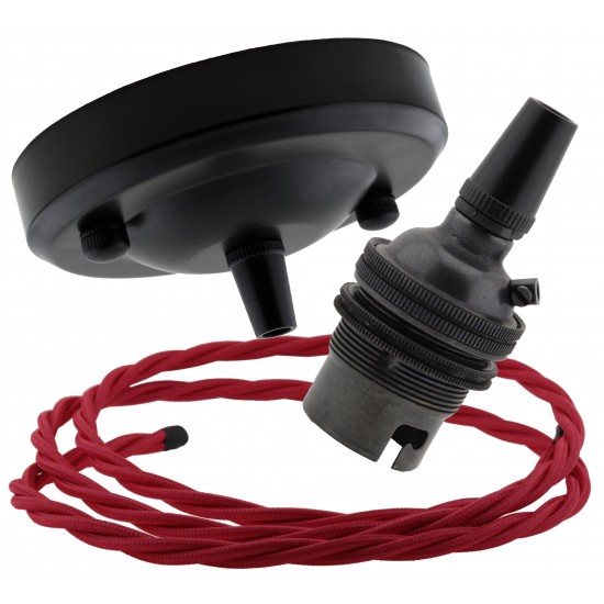 Ceiling Pendant Kit with Large Rose and B22 Lampholder in Matte Black Finish with Bright Red Flex Ceiling Pendant Kit with Large Rose and B22 Lampholder in Matte Black Finish with Bright Red Flex