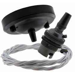 Ceiling Pendant Kit with Large Rose and B22 Lampholder in Matte Black Finish with Silver Grey Flex Ceiling Pendant Kit with Large Rose and B22 Lampholder in Matte Black Finish with Silver Grey Flex