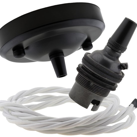 Ceiling Pendant Kit with Large Rose and B22 Lampholder in Matte Black Finish with White Flex