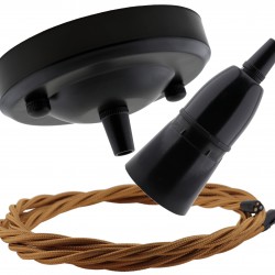 Ceiling Pendant Kit with Large Rose and B22 Skirted Lampholder in Black Finish with Antique Gold Flex