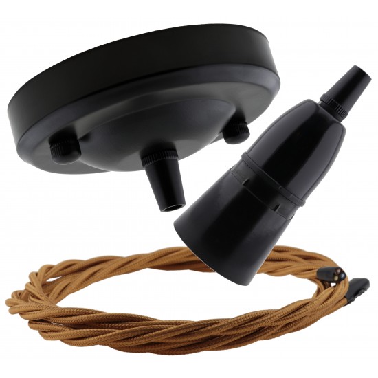 Ceiling Pendant Kit with Large Rose and B22 Skirted Lampholder in Black Finish with Antique Gold Flex Ceiling Pendant Kit with Large Rose and B22 Skirted Lampholder in Black Finish with Antique Gold Flex