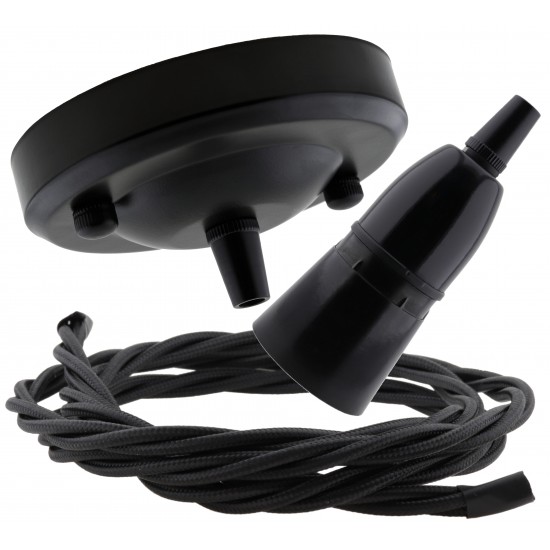 Ceiling Pendant Kit with Large Rose and B22 Skirted Lampholder in Black Finish with Black Flex Ceiling Pendant Kit with Large Rose and B22 Skirted Lampholder in Black Finish with Black Flex