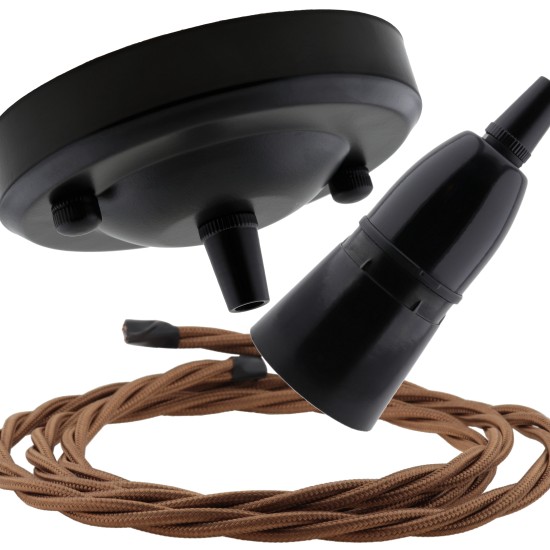 Ceiling Pendant Kit with Large Rose and B22 Skirted Lampholder in Black Finish with Bronze Flex
