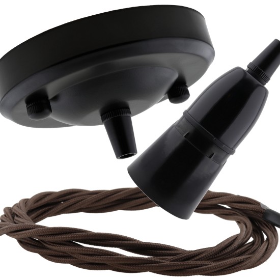 Ceiling Pendant Kit with Large Rose and B22 Skirted Lampholder in Black Finish with Mocha Brown Flex