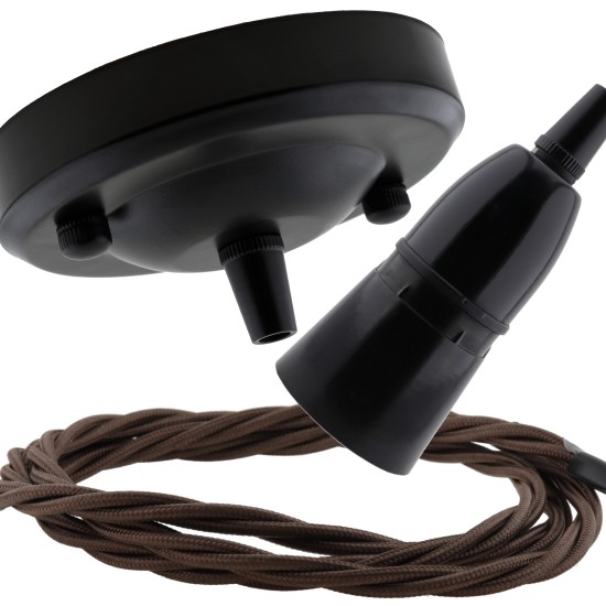 Ceiling Pendant Kit with Large Rose and B22 Skirted Lampholder in Black Finish with Mocha Brown Flex Ceiling Pendant Kit with Large Rose and B22 Skirted Lampholder in Black Finish with Mocha Brown Flex