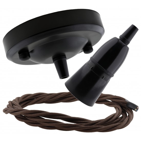 Ceiling Pendant Kit with Large Rose and B22 Skirted Lampholder in Black Finish with Mocha Brown Flex