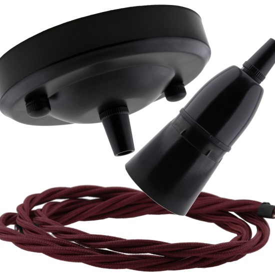 Ceiling Pendant Kit with Large Rose and B22 Skirted Lampholder in Black Finish with Rich Burgundy Flex