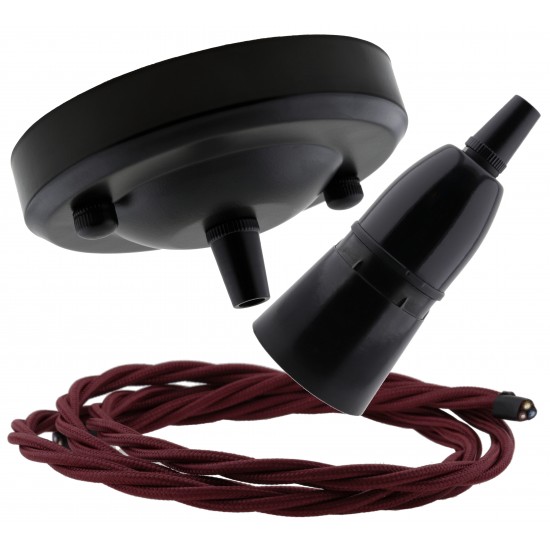 Ceiling Pendant Kit with Large Rose and B22 Skirted Lampholder in Black Finish with Rich Burgundy Flex Ceiling Pendant Kit with Large Rose and B22 Skirted Lampholder in Black Finish with Rich Burgundy Flex