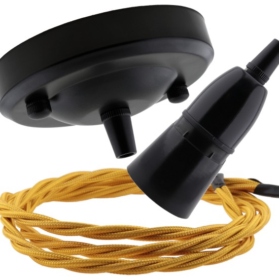 Ceiling Pendant Kit with Large Rose and B22 Skirted Lampholder in Black Finish with Gold Flex