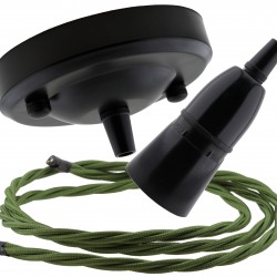 Ceiling Pendant Kit with Large Rose and B22 Skirted Lampholder in Black Finish with Green Flex