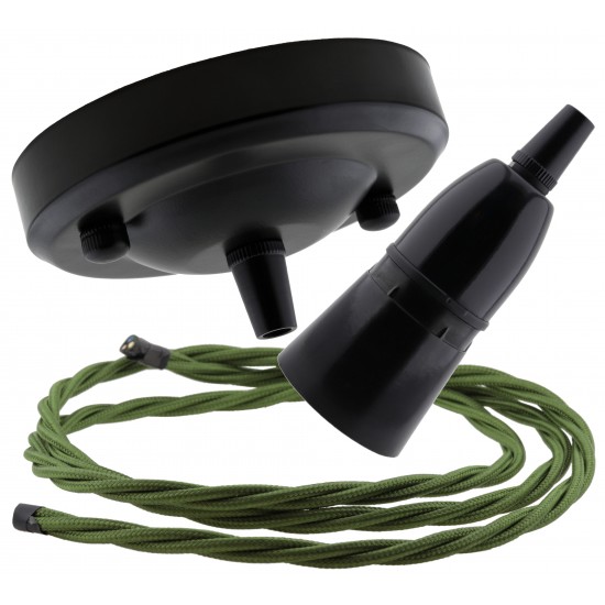 Ceiling Pendant Kit with Large Rose and B22 Skirted Lampholder in Black Finish with Green Flex