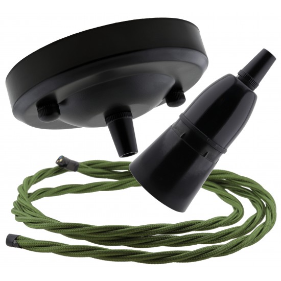 Ceiling Pendant Kit with Large Rose and B22 Skirted Lampholder in Black Finish with Green Flex Ceiling Pendant Kit with Large Rose and B22 Skirted Lampholder in Black Finish with Green Flex