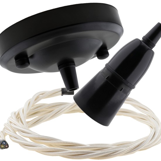 Ceiling Pendant Kit with Large Rose and B22 Skirted Lampholder in Black Finish with Classic Ivory Flex